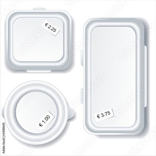 Plastic food storage containers isolated on white background.