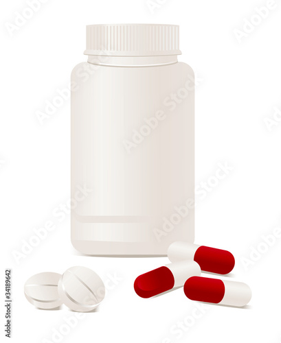 Container with pills. Vector illustration.