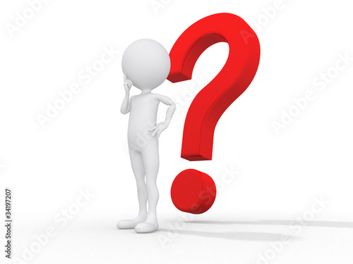 3d guy thinking in front of a big question mark - Isolated