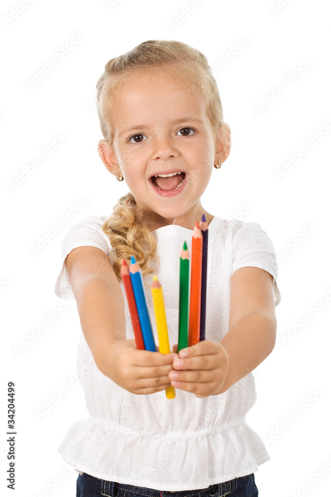 Happy little girl with color pencils Happy little girl with color pencils