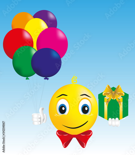smiley boy with gift and balloons