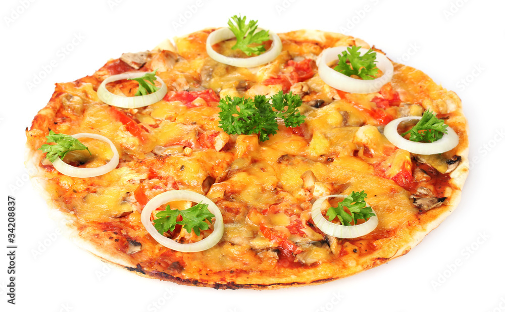 tasty pizza with vegetables and meat isolated on white tasty pizza with vegetables and meat isolated on white