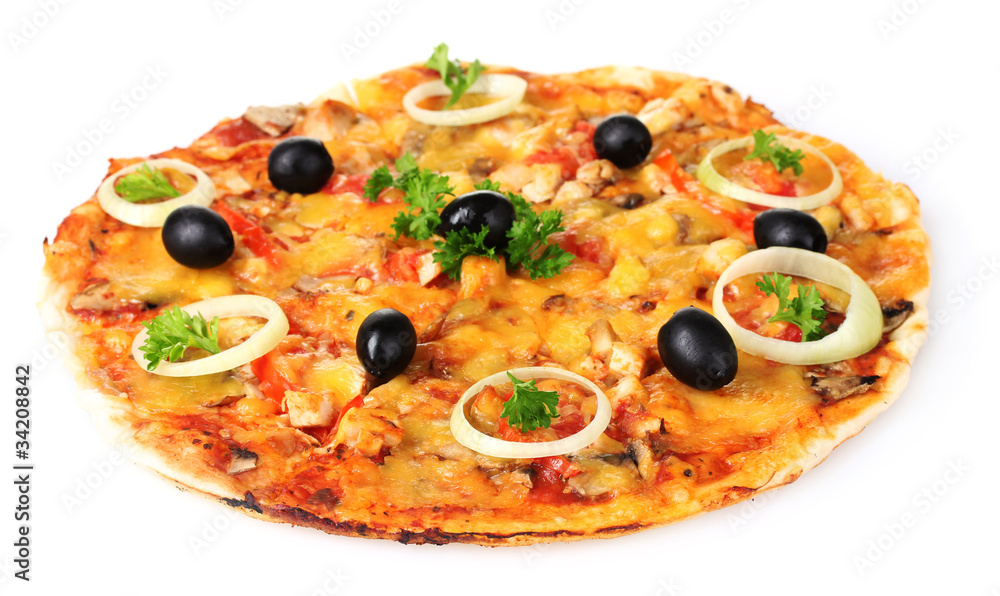 tasty pizza with vegetables and meat isolated on white tasty pizza with vegetables and meat isolated on white