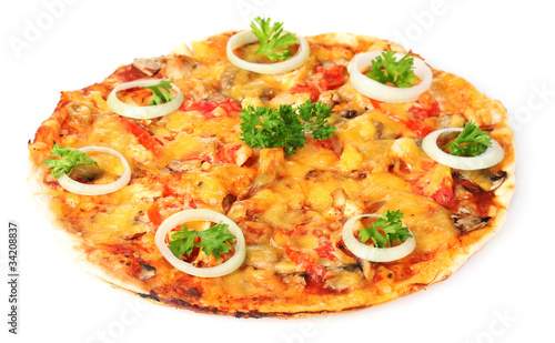 tasty pizza with vegetables and meat isolated on white