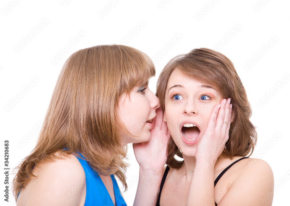 Two girlfriends talk. Close up. White background. It is isolated Two girlfriends talk. Close up. White background. It is isolated