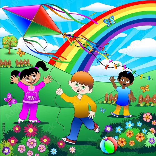 Bambini Giocano con Aquilone-Children with Kite Background