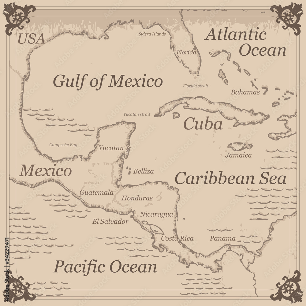 Vintage Caribbean central america map illustration