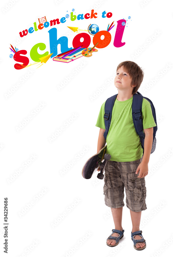 Kid with back to school theme isolated on white