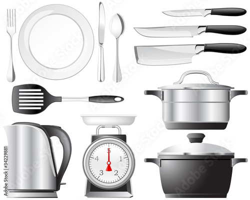 Kitchenware pots, knives, and other utensils used in the kitchen