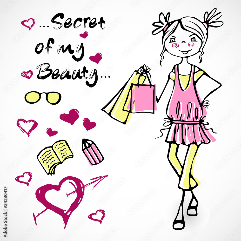 Cute vector fashion smile girl in cartoon style Cute vector fashion smile girl in cartoon style