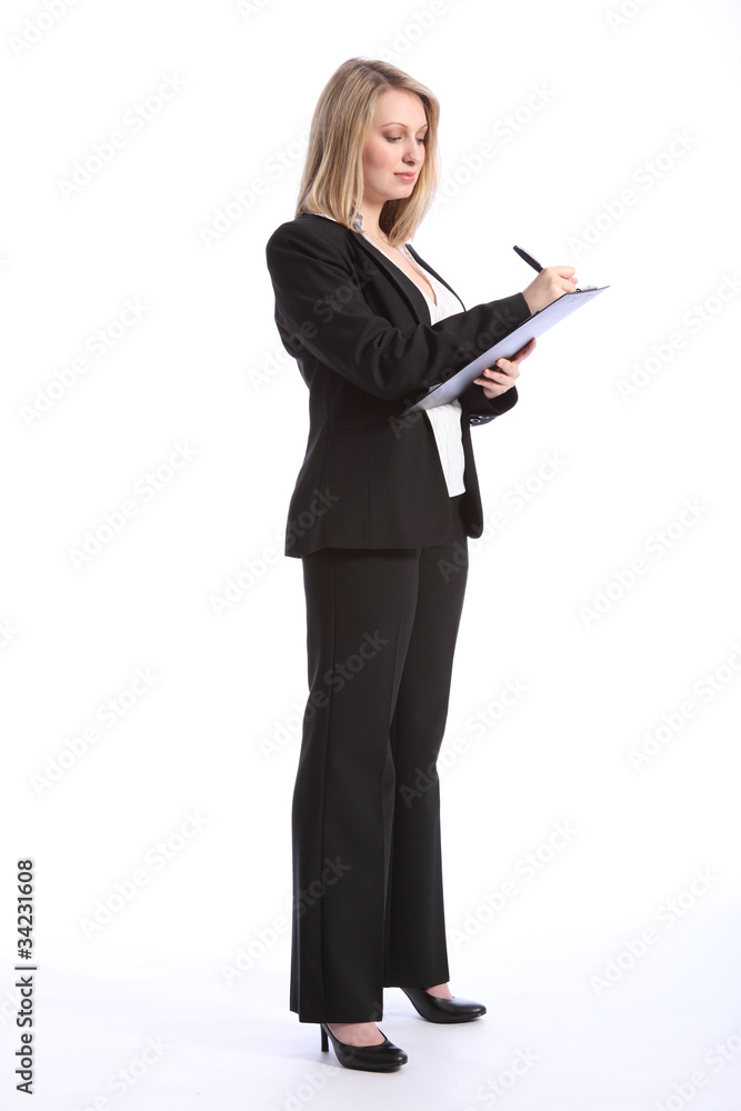 Business woman working with pen and clipboard Business woman working with pen and clipboard