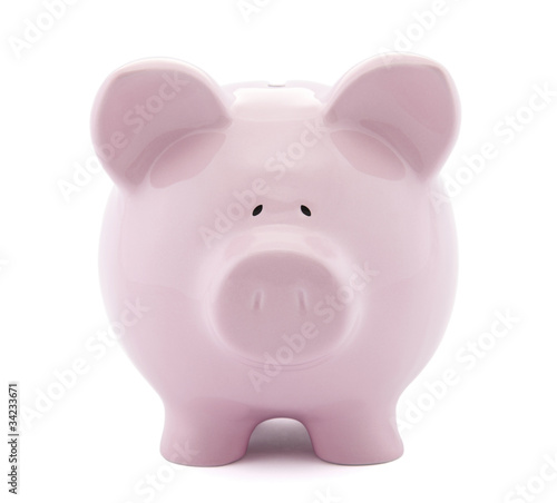 Front view of pink piggy bank with clipping path