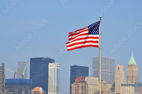 National Flag of United States, with Manhattan skyline, USA