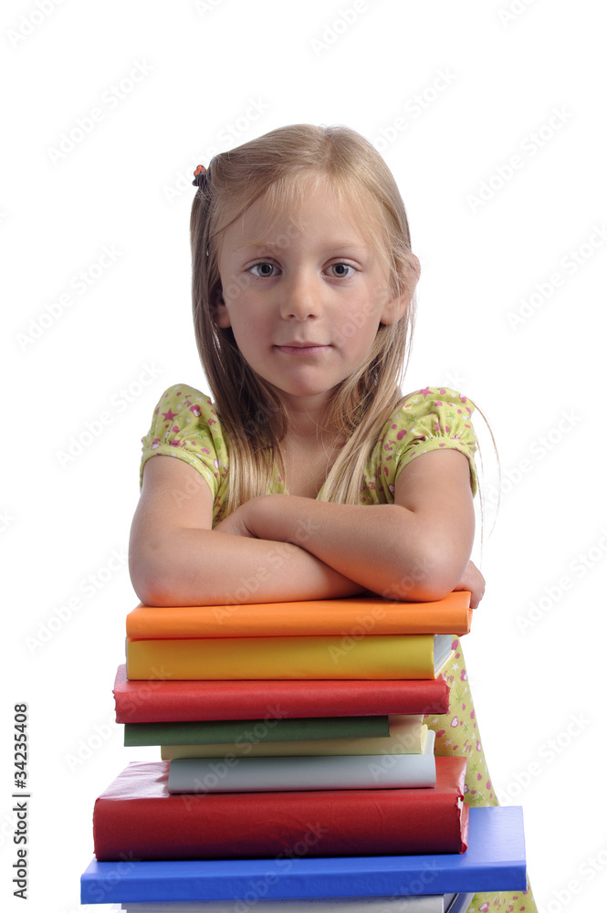little girl resting on a stack of books little girl resting on a stack of books