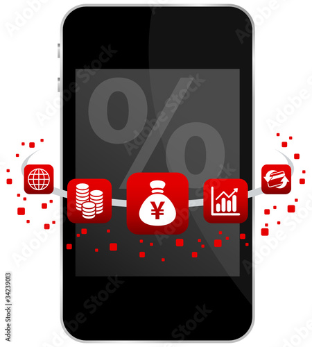 Smartphone 5 Red Icons Mobile Banking % Yen