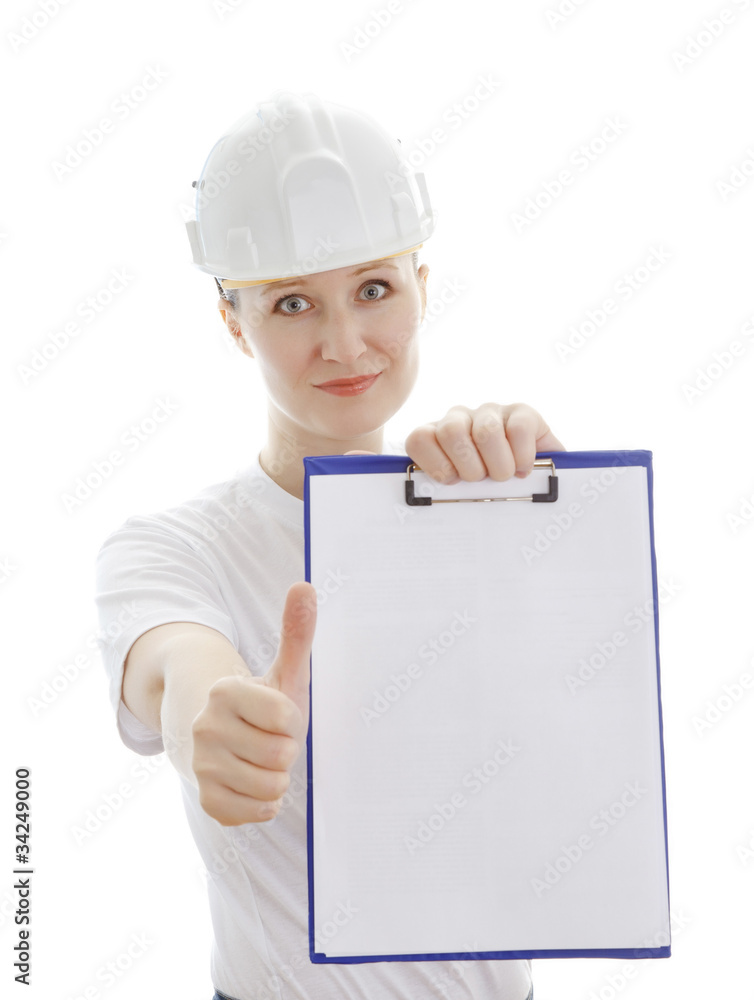 woman in the white helmet showing the blank page woman in the white helmet showing the blank page