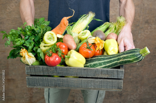 Hands holding wooden crate with fresh vegetables