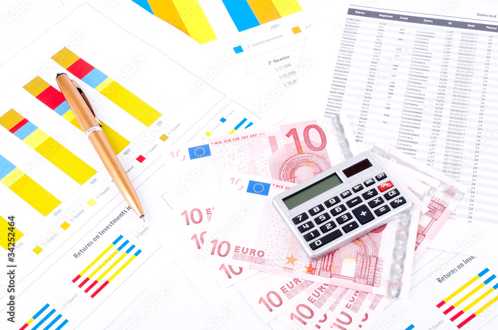 financial chart and datasheet. European money and pen. financial chart and datasheet. European money and pen.