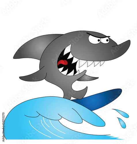 Cartoon shark surfing isolated on white background