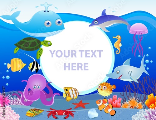 Sea life cartoon with blank sign