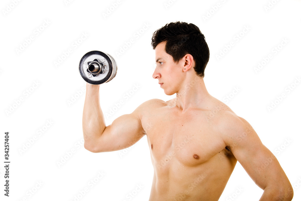 Powerful muscular young man lifting weights. Isolated on white Powerful muscular young man lifting weights. Isolated on white