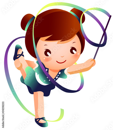Girl practicing rhythmic gymnast performing with ribbon
