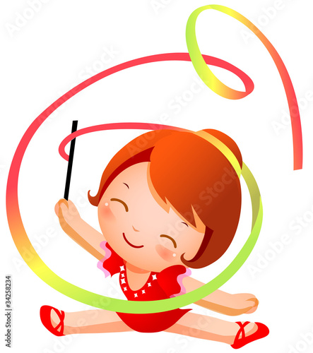 Girl practicing rhythmic gymnast performing with ribbon