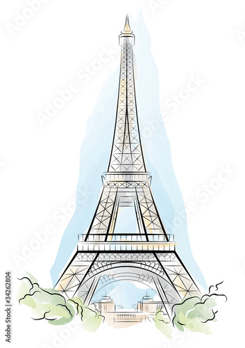 Vector drawing color Eiffel Tower in Paris, France