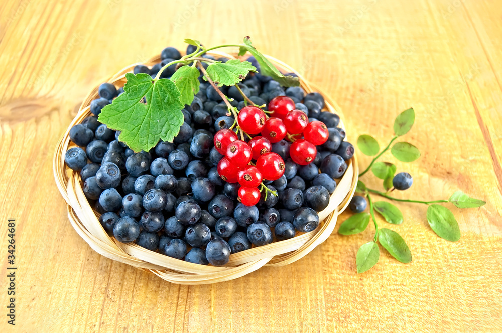 Blueberries with sprigs of red currants on the board Blueberries with sprigs of red currants on the board