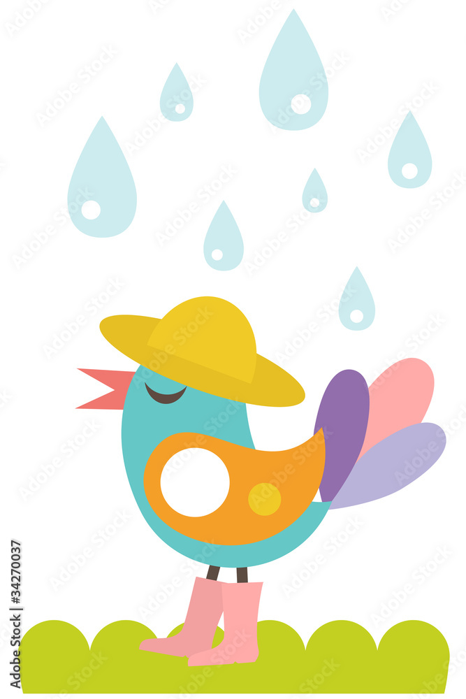 Happy cute bird with boots and hat in rain Happy cute bird with boots and hat in rain