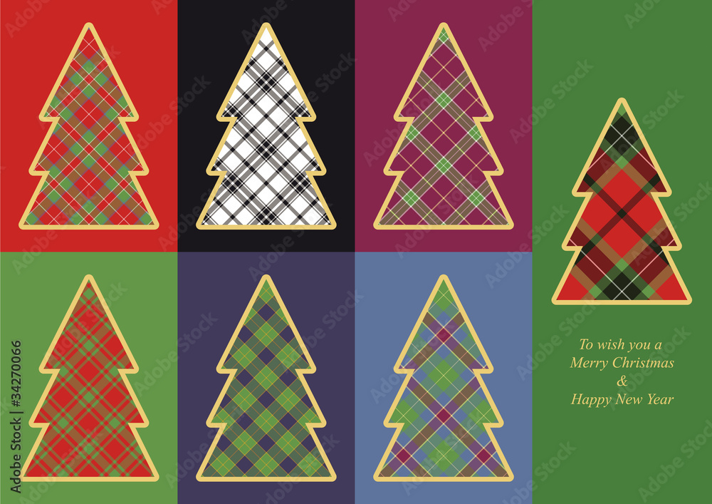 Christmas trees with different colored tartan backgrounds
