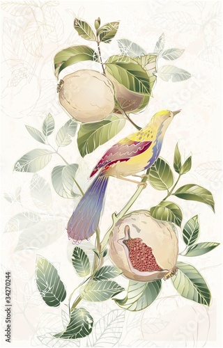 Greeting card with birds and garnet tree.