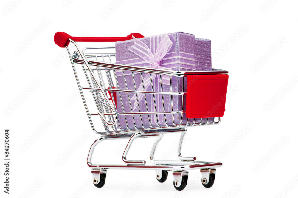 Shopping cart and giftboxes on white Shopping cart and giftboxes on white