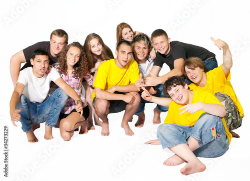 Happy group of young people. Isolated.