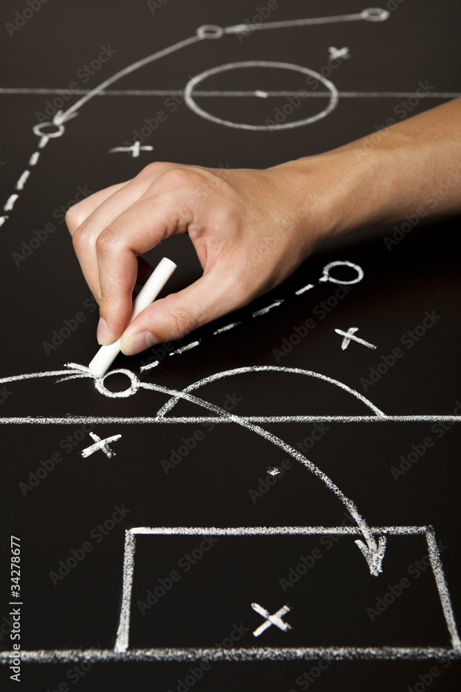 Fototapeta premium Coach hand drawing a football soccer game strategy