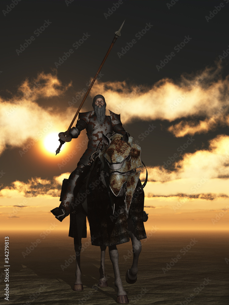 Don Quixote in rusty armour on flea bitten charger Don Quixote in rusty armour on flea bitten charger