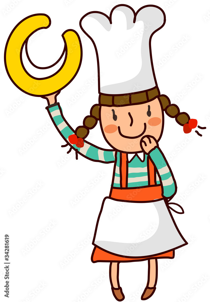 Portrait of girl in chef uniform holding alphabet c Portrait of girl in chef uniform holding alphabet c