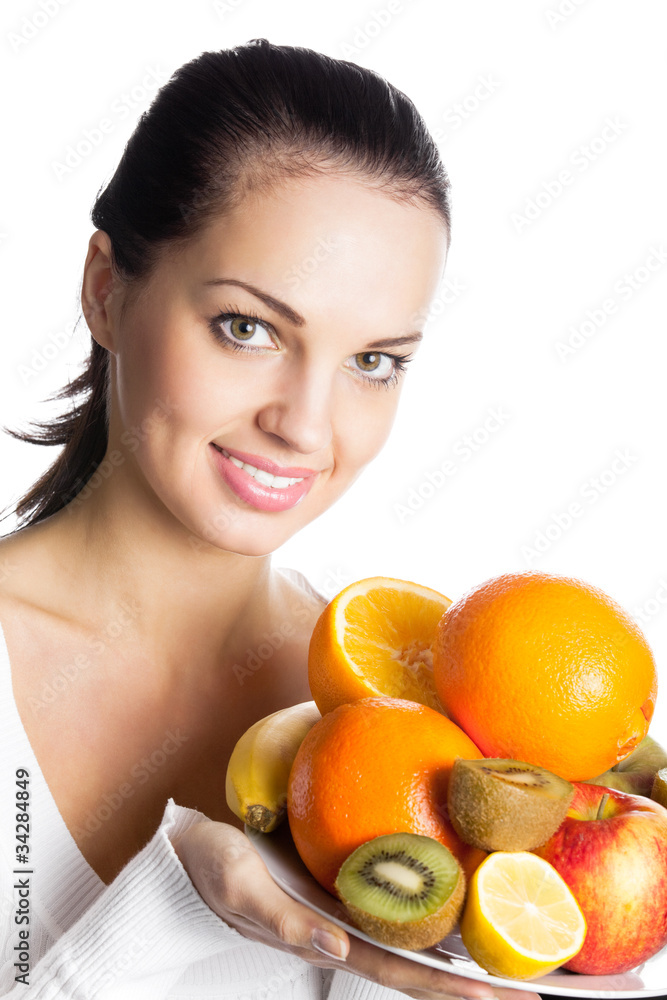Woman with plate of fruits, isolated on white background Woman with plate of fruits, isolated on white background