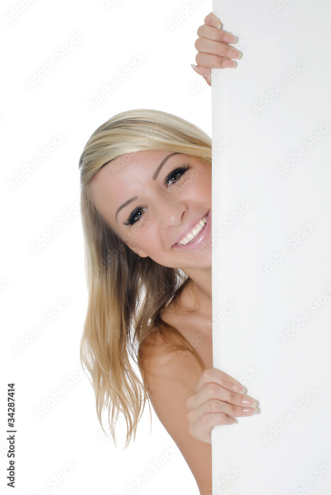 Woman holding a blank billboard Woman holding a blank billboard
