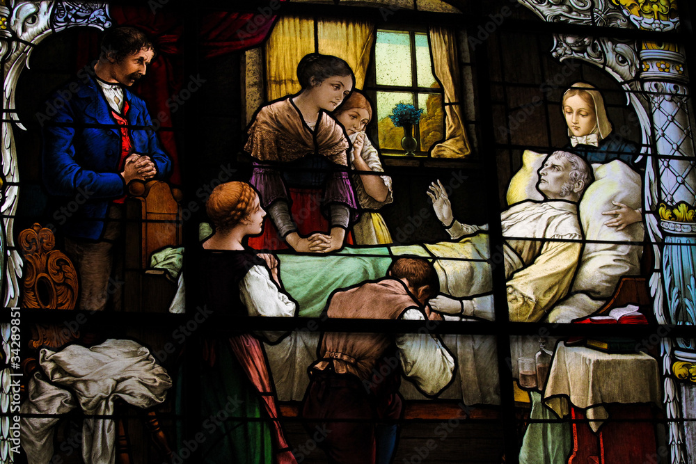 Family gathering at deathbed - stained glass