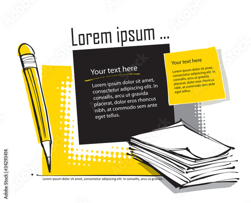 page layout with pencils, office copy paper and blank text boxes
