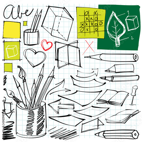 back to school doodles (pen, pencils, book, paper etc.)