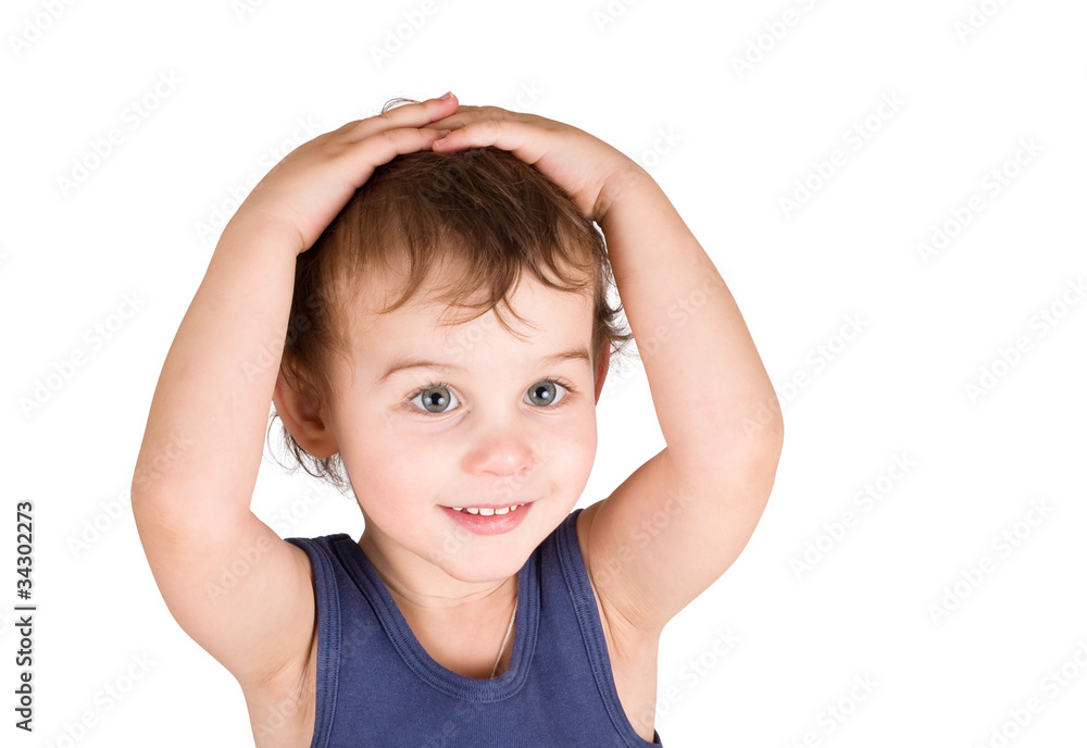 Surprised little boy with hands on head isolated on white Surprised little boy with hands on head isolated on white