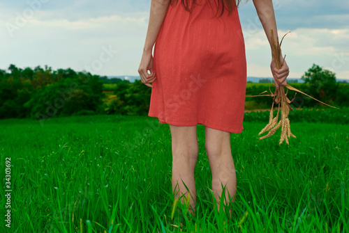 Girl in red dress on wheat field