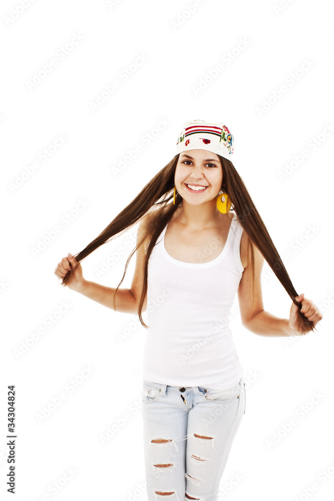 Picture of lovely brunette with long hair over white Picture of lovely brunette with long hair over white