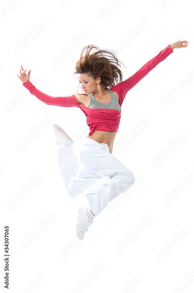 modern slim hip-hop style woman dancer jumping and dancing modern slim hip-hop style woman dancer jumping and dancing