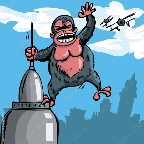 Cartoon King Kong hanging on a skyscraper