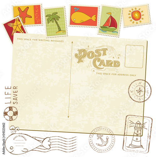 Retro Invitation postcard with SEA stamps - for design and scrap