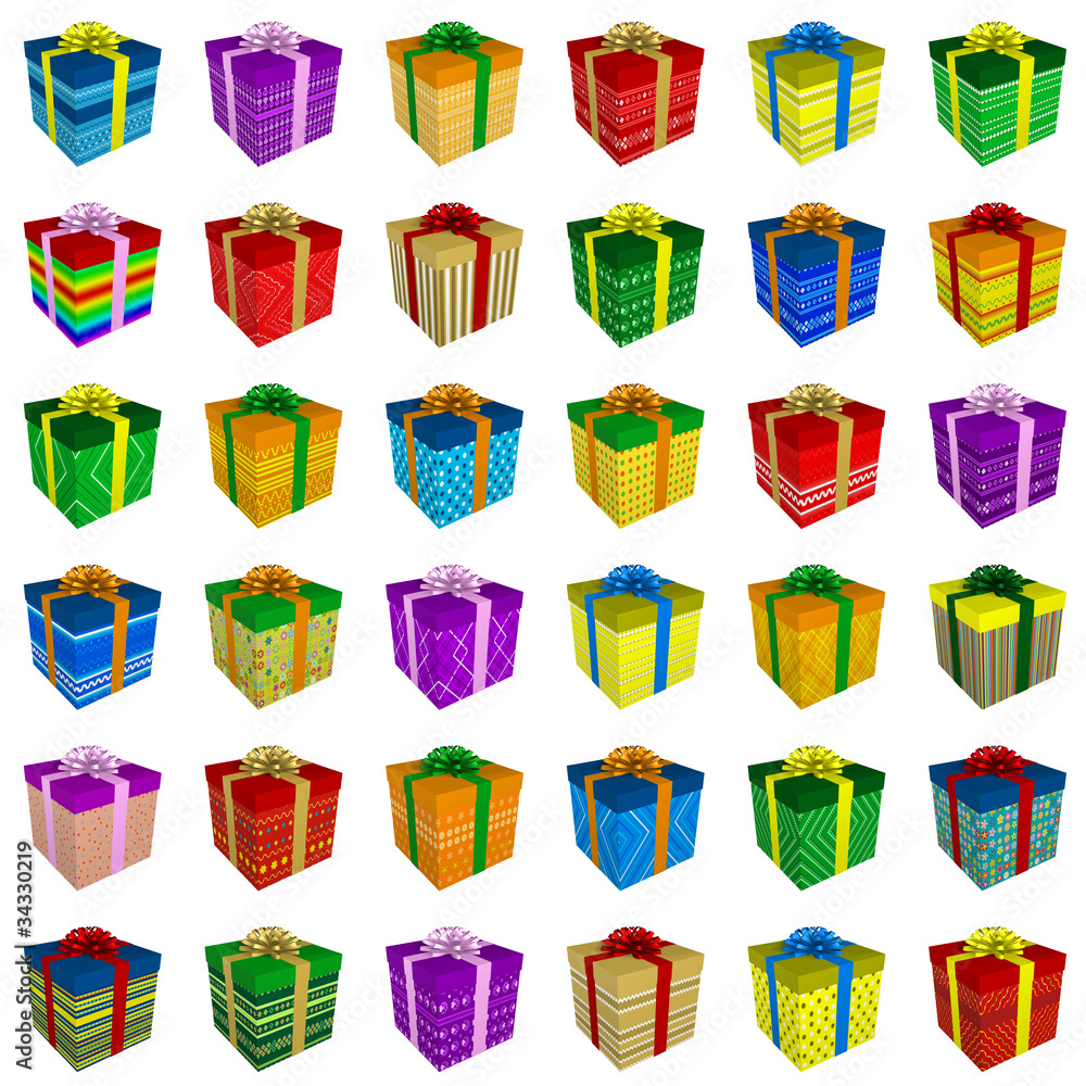 Fototapeta premium Kolekcja kolorowych prezentów, pudełka ze wstążką na białym tle