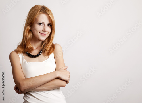Closeup portrait of cute young redhead business woman